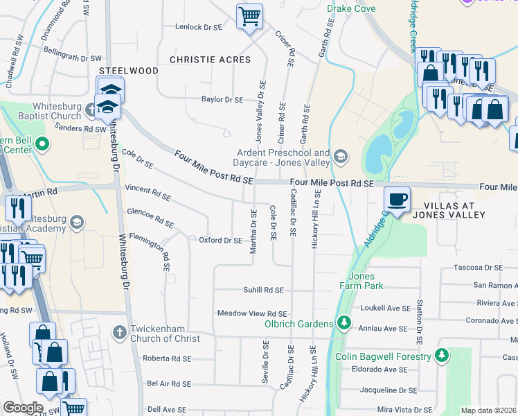 map of restaurants, bars, coffee shops, grocery stores, and more near 7303 Martha Drive Southeast in Huntsville