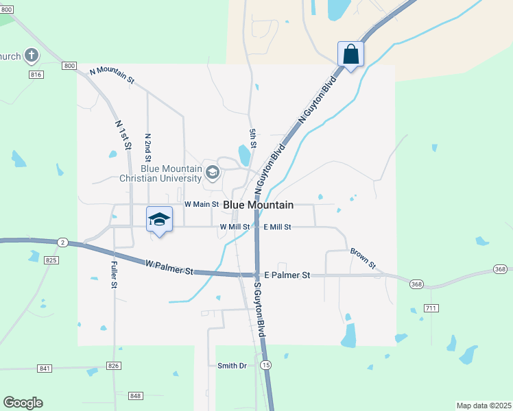 map of restaurants, bars, coffee shops, grocery stores, and more near Mississippi 15 in Blue Mountain
