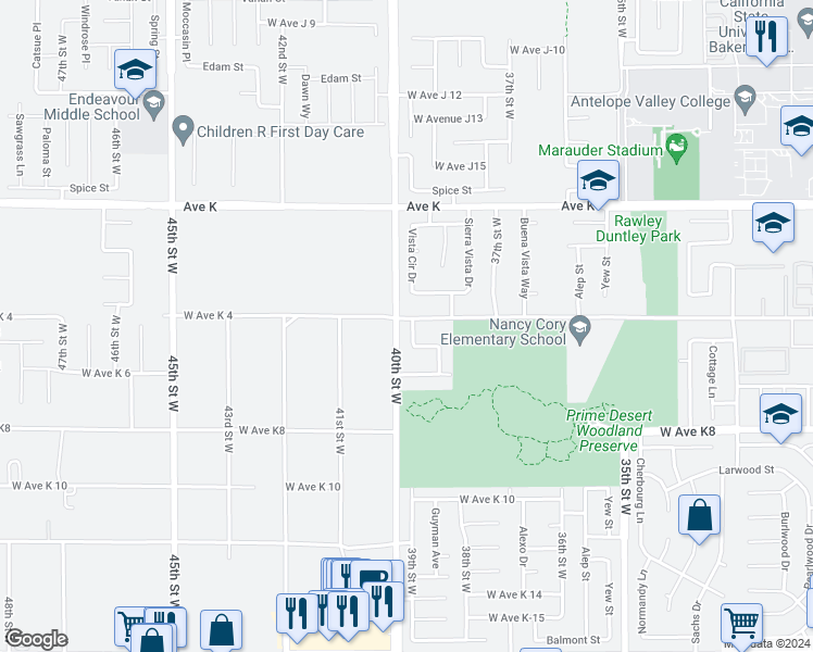 map of restaurants, bars, coffee shops, grocery stores, and more near 43355 Vista Circle Drive in Lancaster