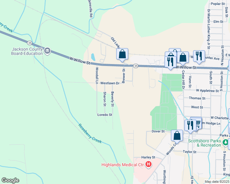 map of restaurants, bars, coffee shops, grocery stores, and more near 305 Beverly Street in Scottsboro