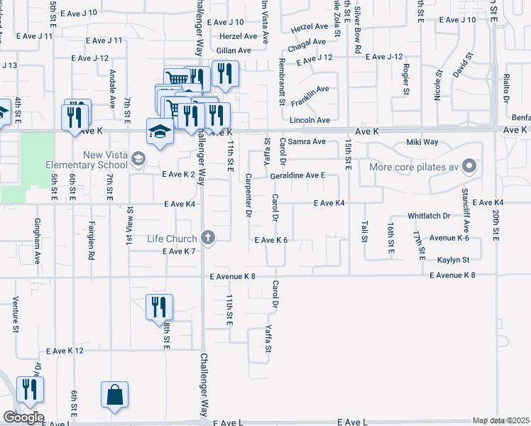 map of restaurants, bars, coffee shops, grocery stores, and more near 1158 East Angela Court in Lancaster