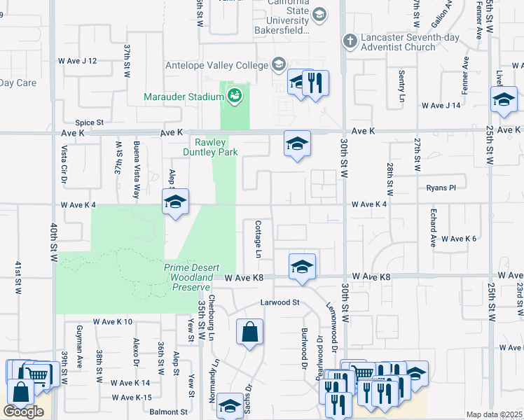 map of restaurants, bars, coffee shops, grocery stores, and more near 3218 West Avenue K in Lancaster