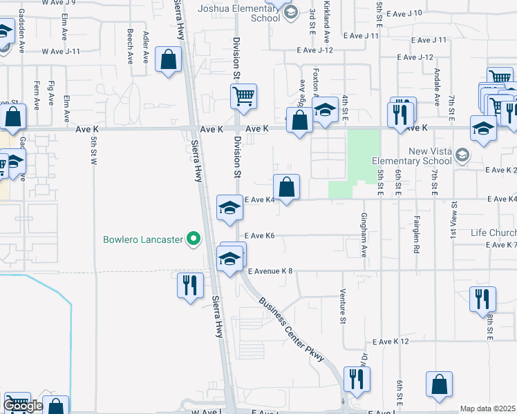 map of restaurants, bars, coffee shops, grocery stores, and more near 122 East Avenue K4 in Lancaster