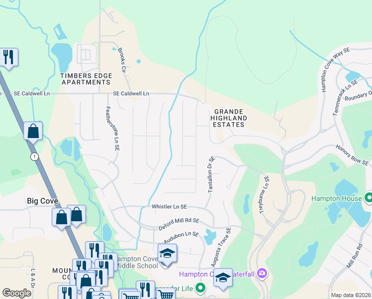 map of restaurants, bars, coffee shops, grocery stores, and more near 3041 Peevey Creek Lane in Owens Cross Roads
