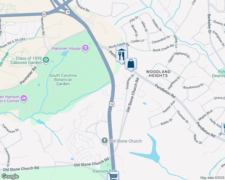 map of restaurants, bars, coffee shops, grocery stores, and more near 658 Highway 28 South in Clemson