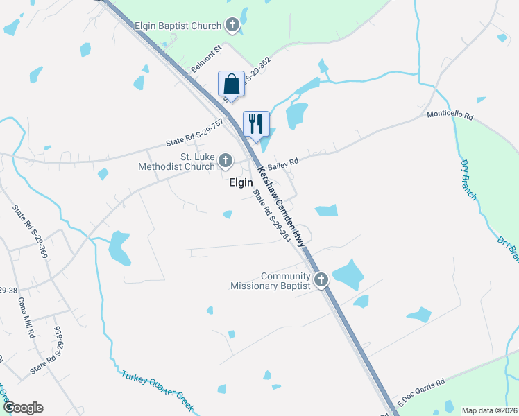 map of restaurants, bars, coffee shops, grocery stores, and more near 2538 Old Camden Highway in Lancaster