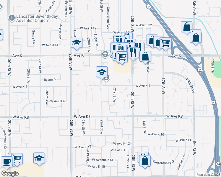 map of restaurants, bars, coffee shops, grocery stores, and more near 43354 Sunny Lane in Lancaster