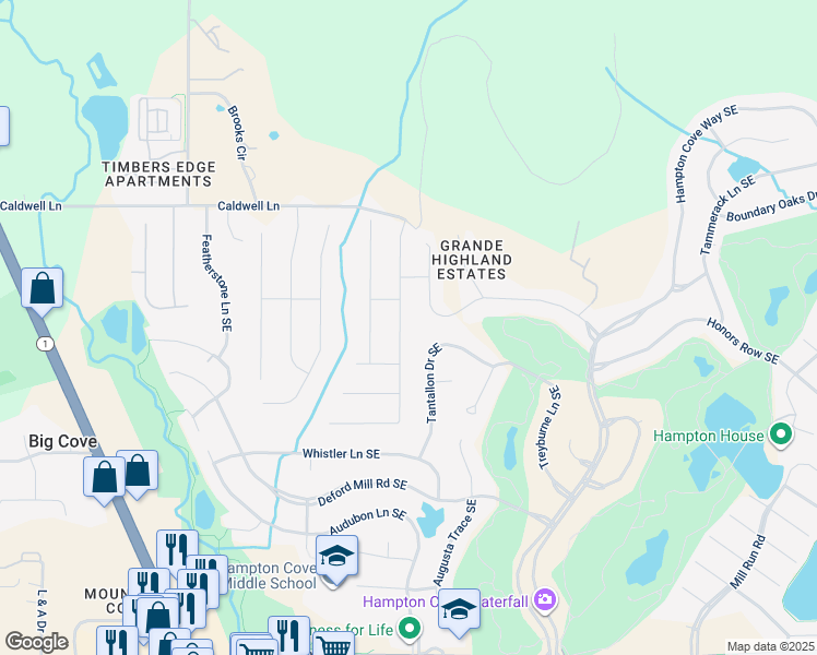 map of restaurants, bars, coffee shops, grocery stores, and more near 3023 Ginn Point Road SE in Owens Cross Roads