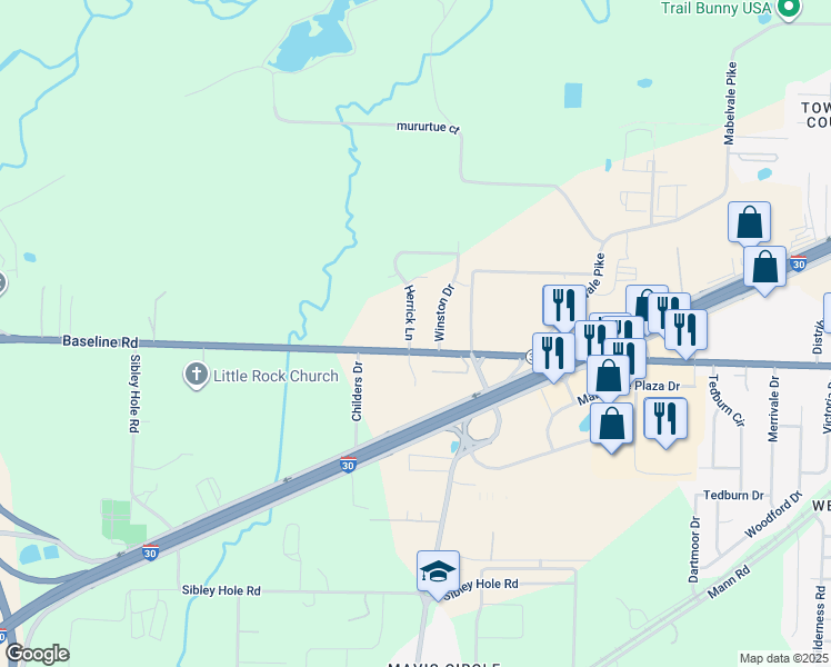 map of restaurants, bars, coffee shops, grocery stores, and more near 8807 Herrick Lane in Little Rock