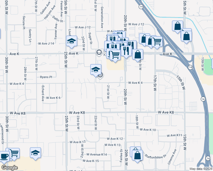 map of restaurants, bars, coffee shops, grocery stores, and more near 43357 21st Street West in Lancaster