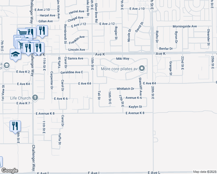 map of restaurants, bars, coffee shops, grocery stores, and more near 1607 Whitlatch Drive in Lancaster