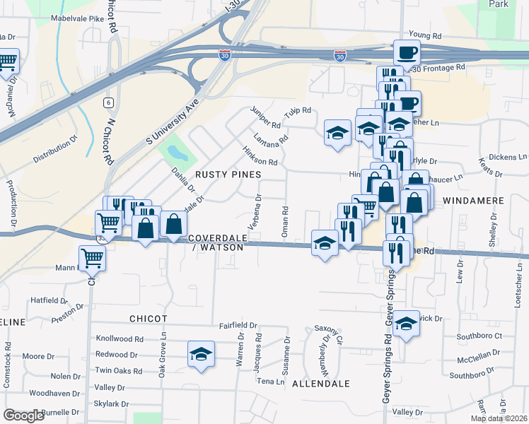 map of restaurants, bars, coffee shops, grocery stores, and more near 8705 Verbena Drive in Little Rock