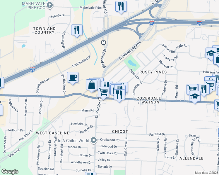 map of restaurants, bars, coffee shops, grocery stores, and more near 7507 Azalea Drive in Little Rock