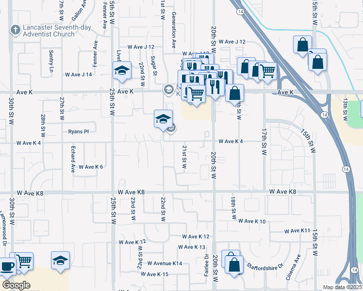 map of restaurants, bars, coffee shops, grocery stores, and more near 43357 21st Street West in Lancaster
