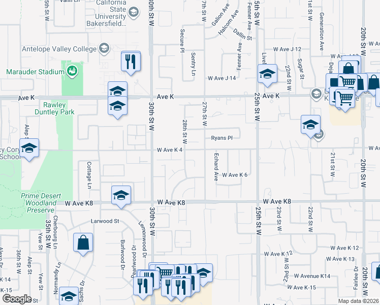 map of restaurants, bars, coffee shops, grocery stores, and more near 2736 West Avenue K 4 in Lancaster