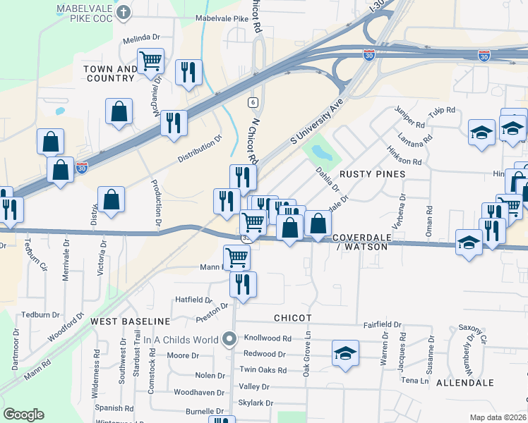 map of restaurants, bars, coffee shops, grocery stores, and more near 7507 Azalea Drive in Little Rock