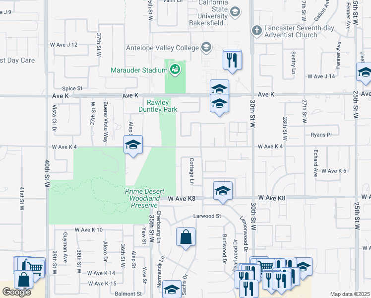 map of restaurants, bars, coffee shops, grocery stores, and more near 3236 West Avenue K 4 in Lancaster