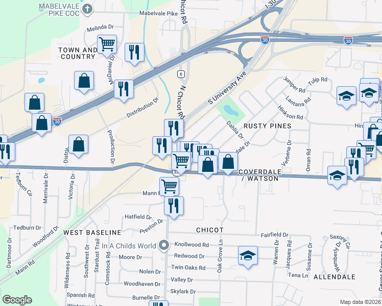 map of restaurants, bars, coffee shops, grocery stores, and more near 7507 Azalea Drive in Little Rock
