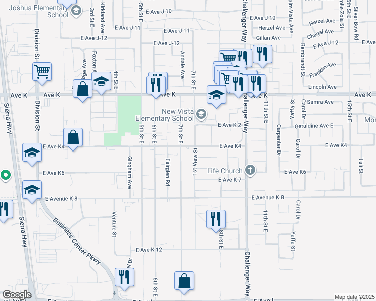 map of restaurants, bars, coffee shops, grocery stores, and more near 714 East Avenue K4 in Lancaster