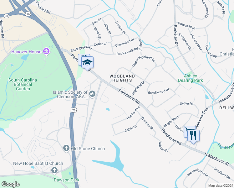 map of restaurants, bars, coffee shops, grocery stores, and more near 235 Pendleton Road in Clemson