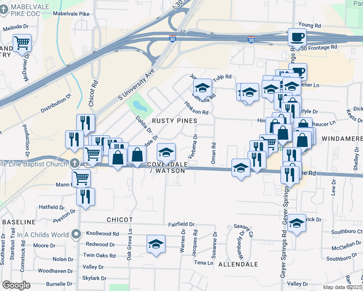 map of restaurants, bars, coffee shops, grocery stores, and more near 6816 Canna Road in Little Rock