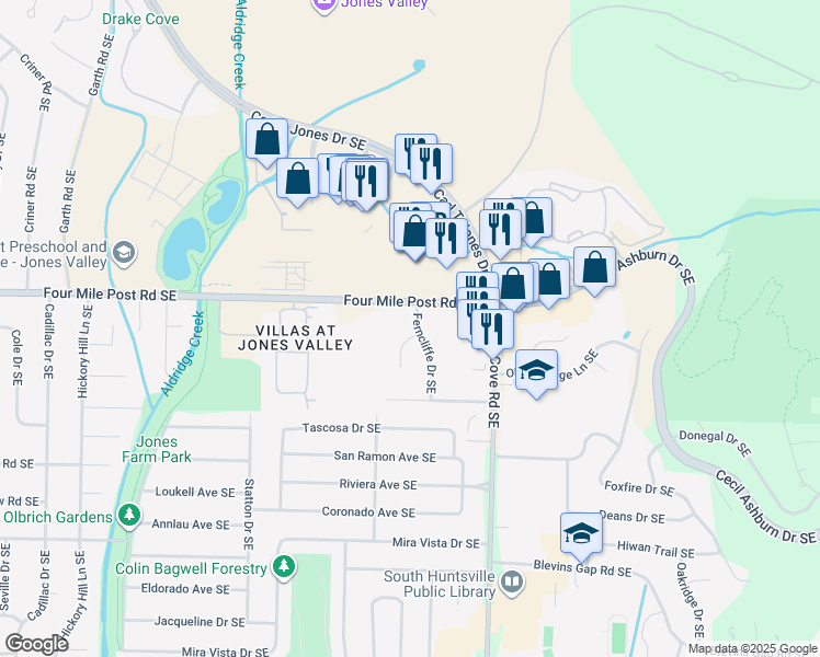 map of restaurants, bars, coffee shops, grocery stores, and more near 999 Gilstead Circle Southeast in Huntsville