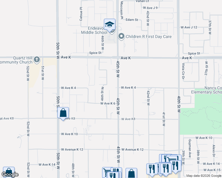 map of restaurants, bars, coffee shops, grocery stores, and more near 43358 45th Street West in Quartz Hill