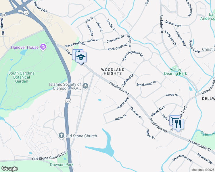 map of restaurants, bars, coffee shops, grocery stores, and more near 229 Pendleton Road in Clemson