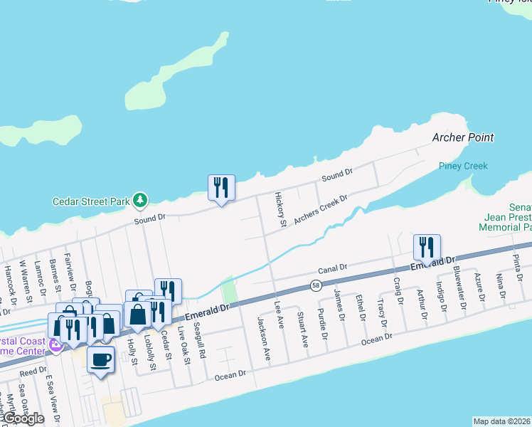 map of restaurants, bars, coffee shops, grocery stores, and more near 406 Lee Avenue in Emerald Isle