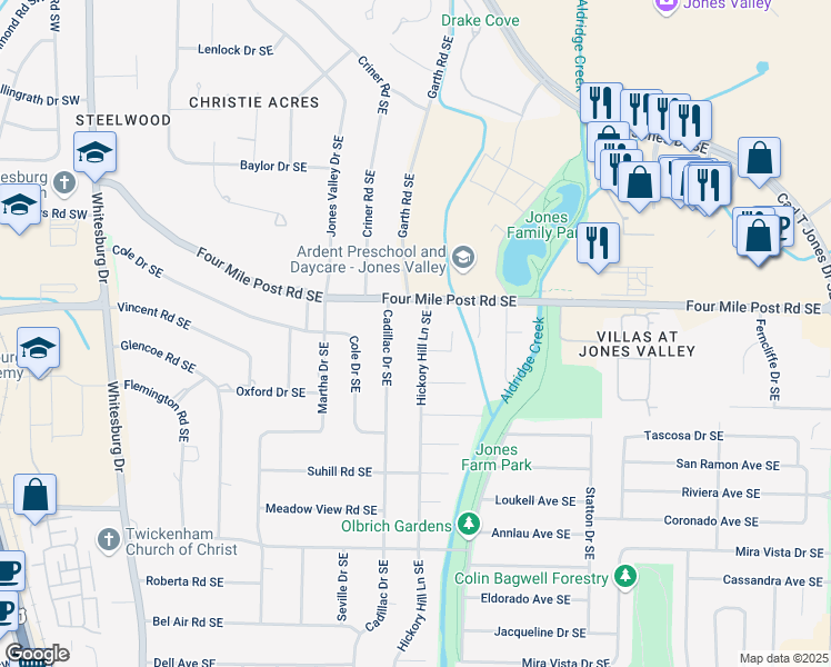 map of restaurants, bars, coffee shops, grocery stores, and more near 7204 Hickory Hill Lane Southeast in Huntsville