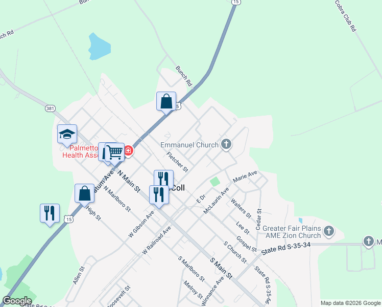 map of restaurants, bars, coffee shops, grocery stores, and more near 110 Mindon Avenue in McColl