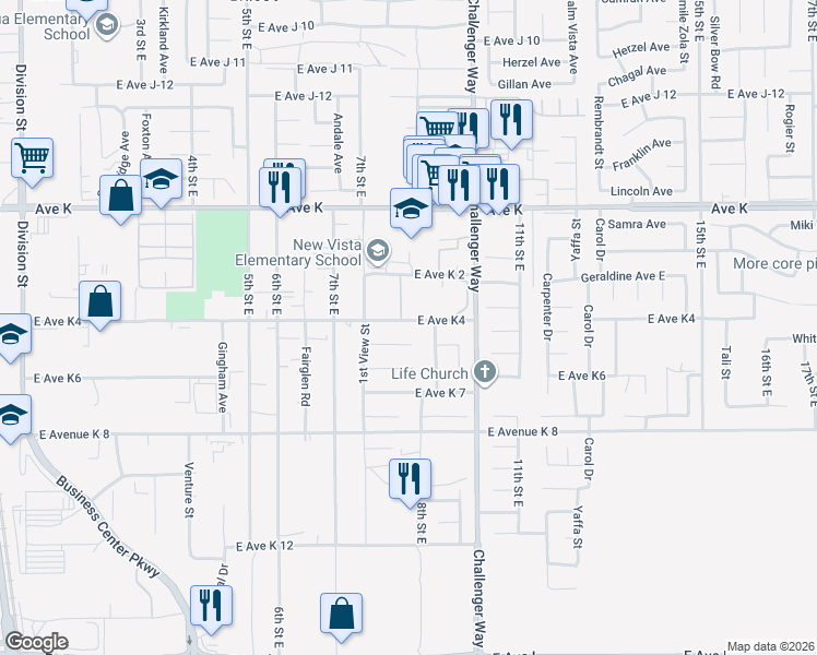map of restaurants, bars, coffee shops, grocery stores, and more near 788 East Avenue K4 in Lancaster