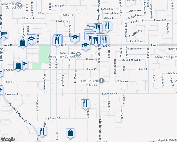 map of restaurants, bars, coffee shops, grocery stores, and more near 788 East Avenue K4 in Lancaster