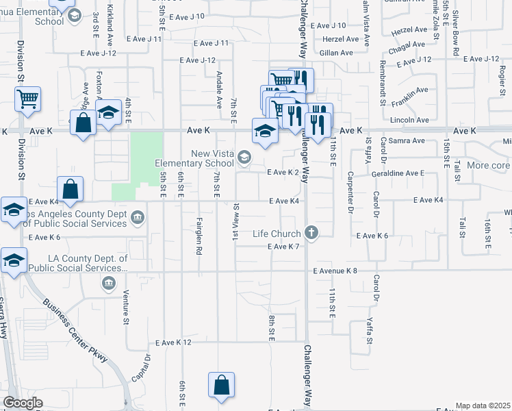 map of restaurants, bars, coffee shops, grocery stores, and more near East Avenue K4 in Lancaster