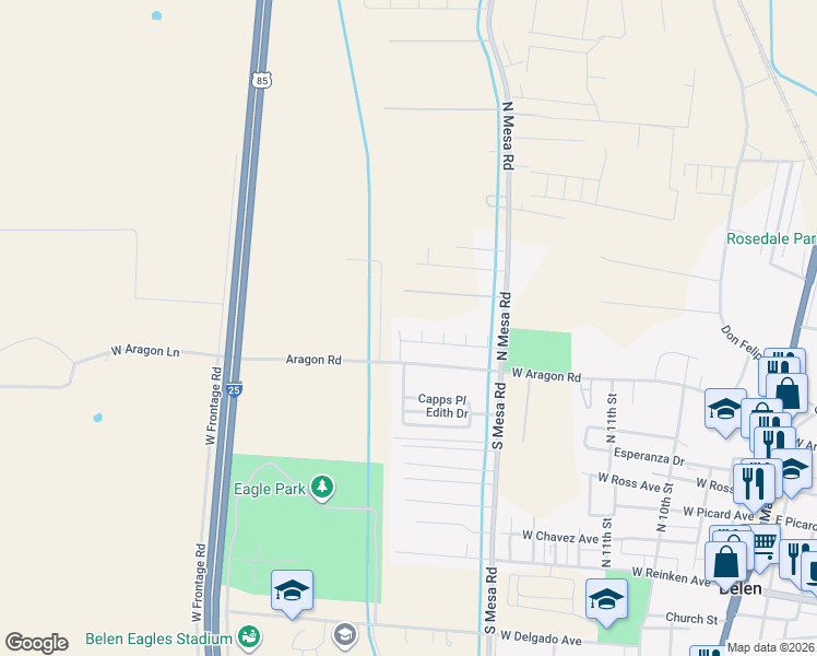 map of restaurants, bars, coffee shops, grocery stores, and more near 1648 Joan Street in Belen