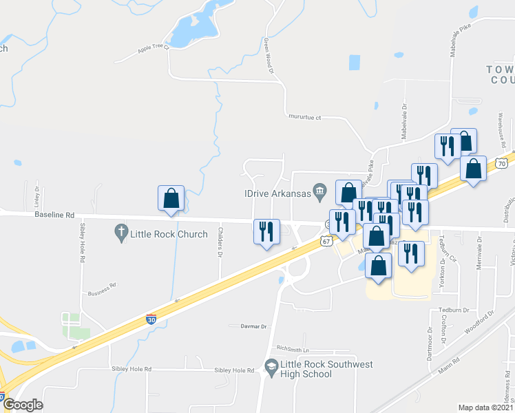 map of restaurants, bars, coffee shops, grocery stores, and more near 8805 Herrick Lane in Little Rock