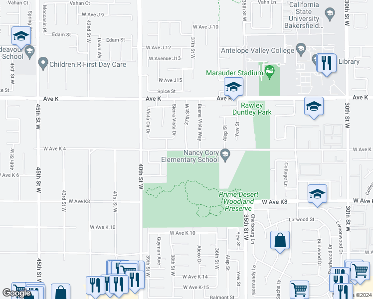 map of restaurants, bars, coffee shops, grocery stores, and more near 3748 West Avenue K 4 in Lancaster