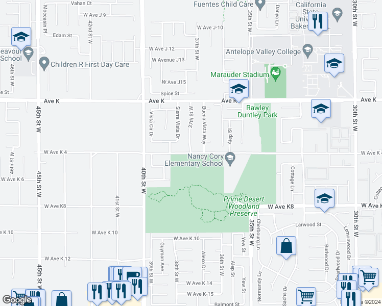 map of restaurants, bars, coffee shops, grocery stores, and more near 37th Street West in Lancaster