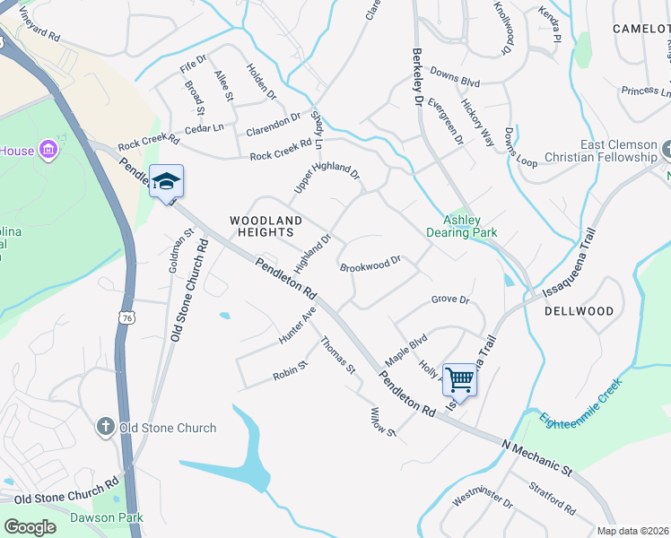 map of restaurants, bars, coffee shops, grocery stores, and more near 102 Brookwood Drive in Clemson