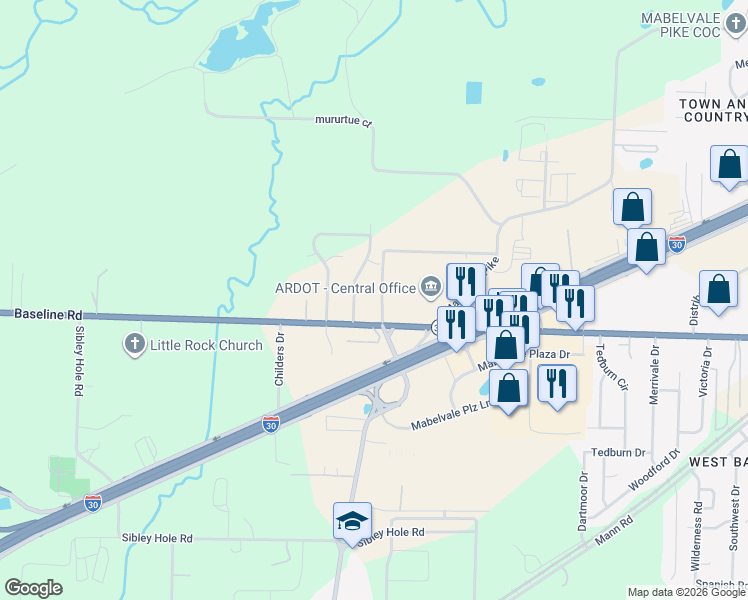 map of restaurants, bars, coffee shops, grocery stores, and more near 9620 Baseline Rd in Little Rock