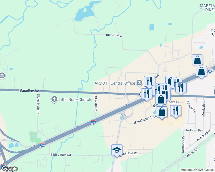 map of restaurants, bars, coffee shops, grocery stores, and more near 9900 Baseline Road in Little Rock