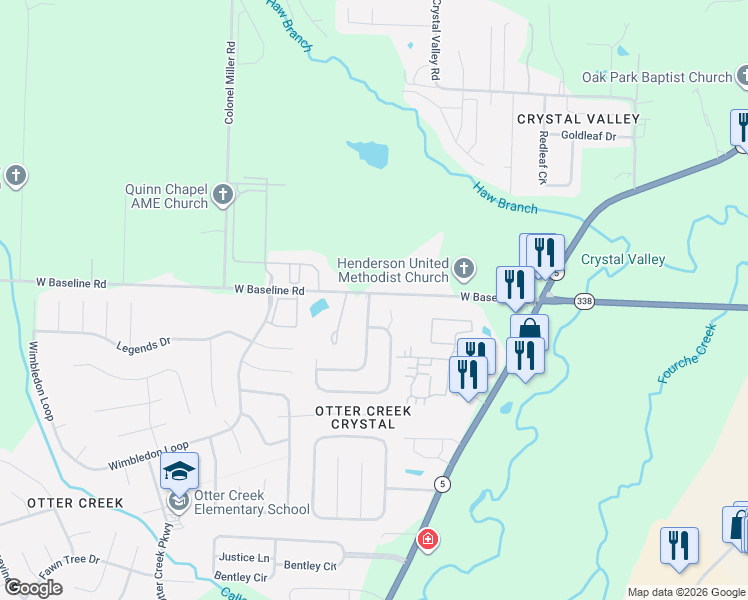 map of restaurants, bars, coffee shops, grocery stores, and more near 3 Wedgewood Creek Drive in Little Rock