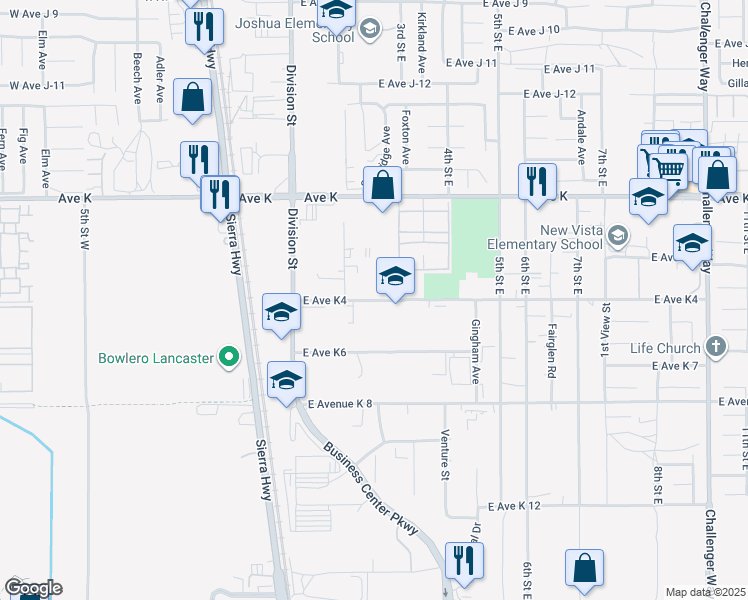 map of restaurants, bars, coffee shops, grocery stores, and more near 234 East Avenue K4 in Lancaster