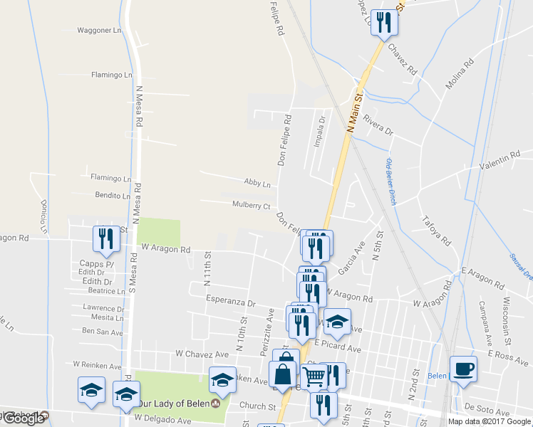 map of restaurants, bars, coffee shops, grocery stores, and more near 731 Don Felipe Road in Belen