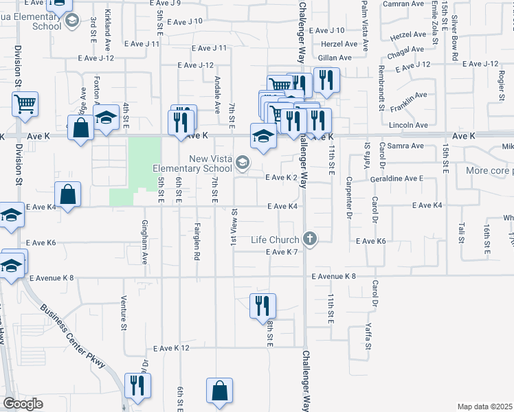 map of restaurants, bars, coffee shops, grocery stores, and more near East Avenue K4 in Lancaster