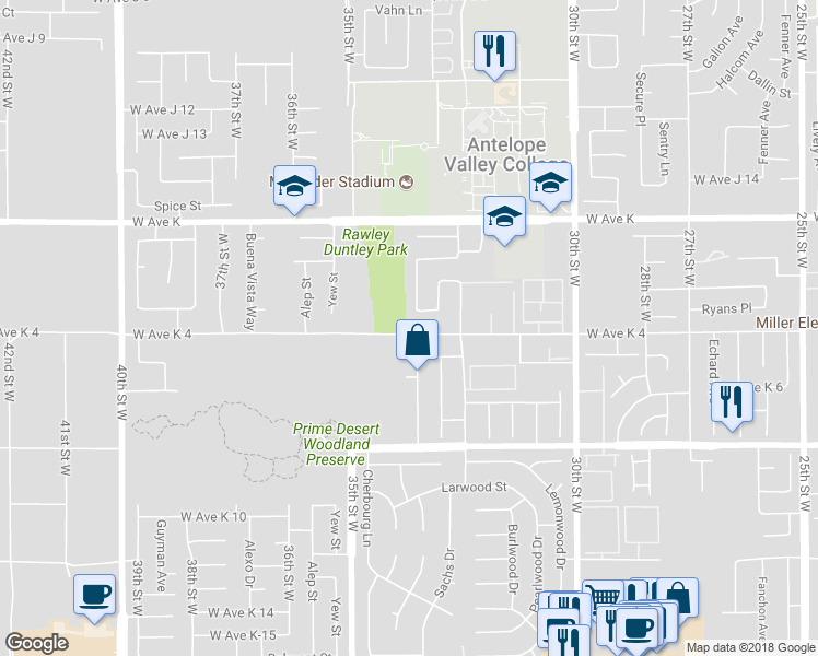 map of restaurants, bars, coffee shops, grocery stores, and more near 3259 West Avenue K 4 in Lancaster
