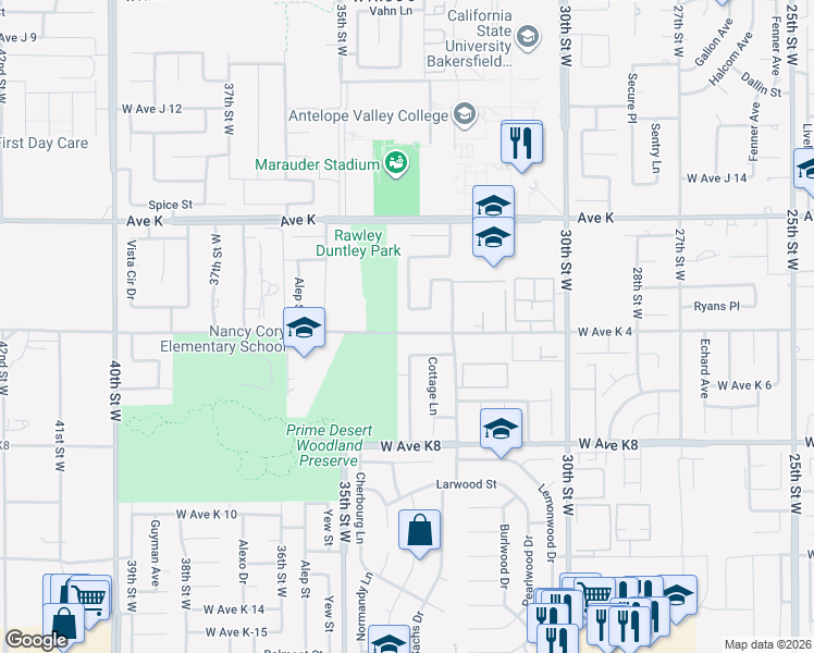 map of restaurants, bars, coffee shops, grocery stores, and more near 2 East Avenue K4 in Lancaster