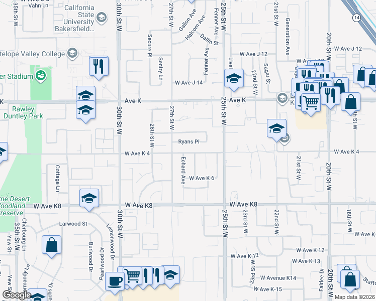map of restaurants, bars, coffee shops, grocery stores, and more near 2613 East Avenue K4 in Lancaster