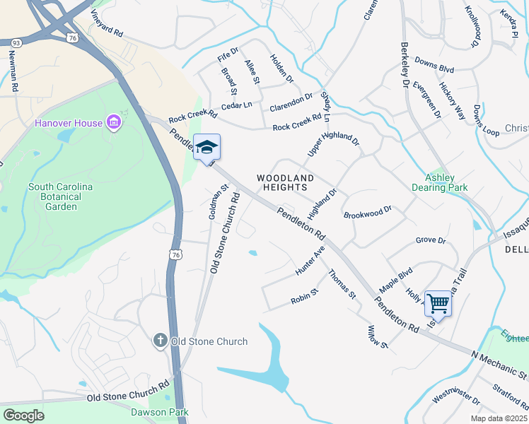 map of restaurants, bars, coffee shops, grocery stores, and more near 229 Pendleton Road in Clemson