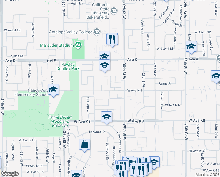 map of restaurants, bars, coffee shops, grocery stores, and more near 43413 30th Street West in Lancaster